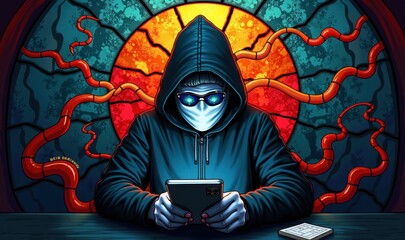 Person in dark hoodie and mask seated at desk using tablet, wearing blue-lensed glasses with glowing stained glass window behind featuring red-orange circular design and tentacle-like patterns