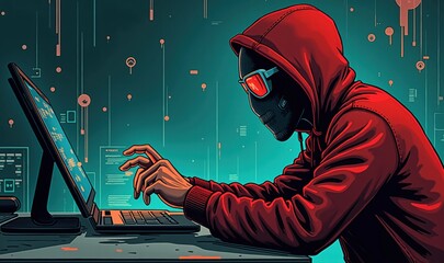 Person in red hoodie and glasses seated at desk typing on laptop, facing large monitor displaying digital data with floating numbers and symbols; dark background filled with glowing tech elements