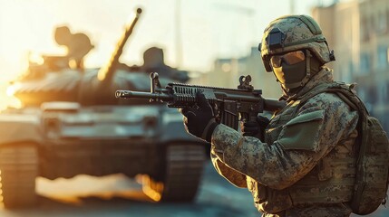 Fototapeta premium A soldier is ready for combat, armed with a rifle with a tank visible behind them in a city.