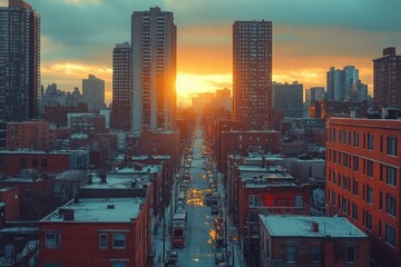 Naklejka premium Urban sunset over a city street