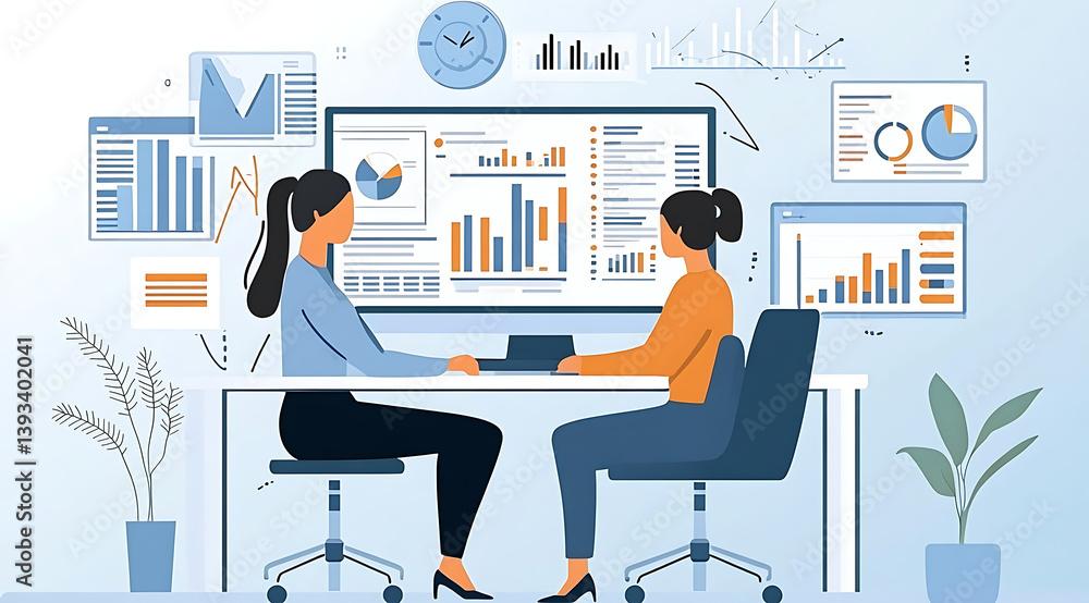 Poster vector illustration of an employee sitting at their desk with a computer, looking for data in the co