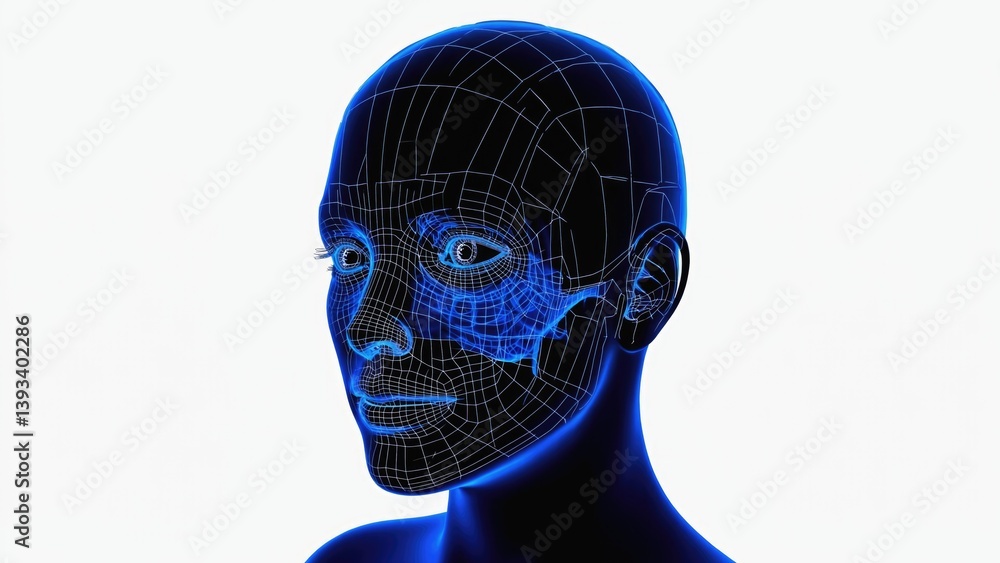 Poster a person's face with a blue framework superimposed, suitable for use in technology or innovation-rel
