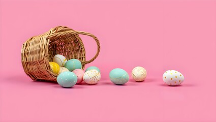 A traditional woven wicker basket tipped on its side against a solid pink background, with decorated Easter eggs spilling out. 