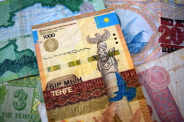 Kazakhstani tenge banknotes. ₸ or KZT. Kazakhstan currency. Qazaqstan teñgesi. 