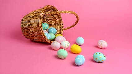 A traditional woven wicker basket tipped on its side against a solid pink background, with decorated Easter eggs spilling out. 