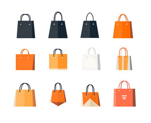 Vector icons of shopping bags, white background, simple design, flat colors, vector art style, flat colors, vector icons, simple shapes, vector icons for websites, isolated on a white background.
