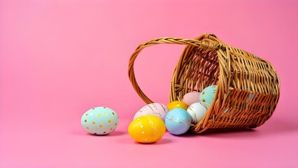 A traditional woven wicker basket tipped on its side against a solid pink background, with decorated Easter eggs spilling out. 