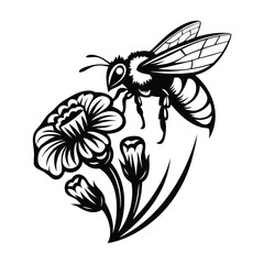 Bee Silhouette on Flower, Flying Insect, Black and White Design, Floral, Monochrome
