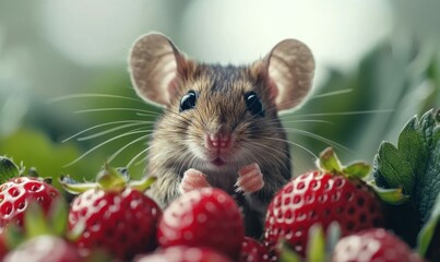 A curious house mouse peeks out from a vibrant patch of ripe, red strawberries in a garden.