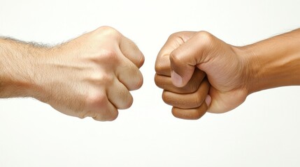 Two fists, different skin tones, clashing for collaboration/conflict concept