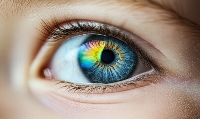 Fototapeta premium A mesmerizing close-up of a blue eye with a rainbow reflection reveals intricate details.