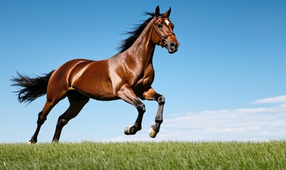 Fototapeta premium A magnificent brown horse runs free across a vibrant green field beneath a clear blue sky.