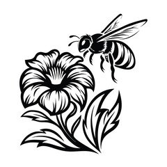 Black Silhouette of a Honeybee Flying Near Flower Isolated on a White Background