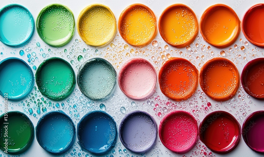 Poster a vibrant array of colorful liquid pigments is arranged on a white surface with water droplets.