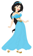 Beautiful black-haired cartoon girl in blue clothes. Vector image