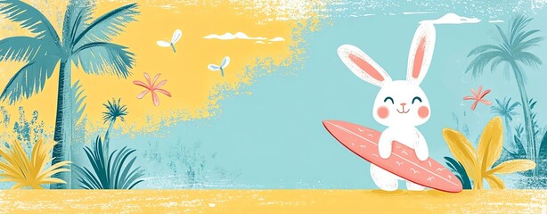 easter A cheerful bunny surfer enjoys a sunny day by the beach, surrounded by palm trees and vibrant nature.