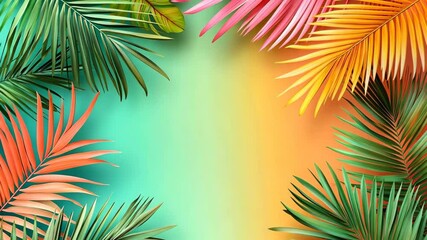Colorful tropical leaves on yellow background with copy space, tropical, exotic summer background, background with space for text, postcard, advertisement