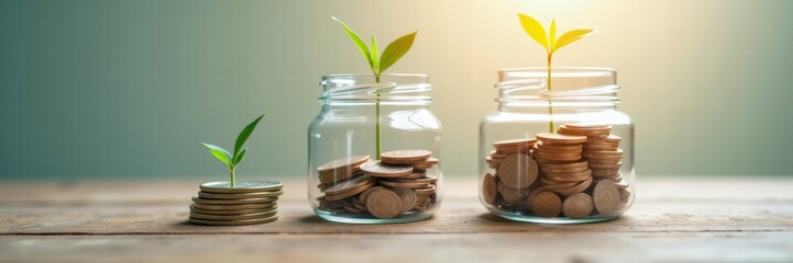 Ascending stacks of gold coins leading to jar filled with savings, visual metaphor for financial growth and accumulation