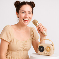 Singing woman joyfully performing with a microphone and radio  