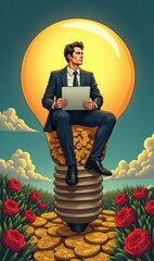 Businessman seated atop giant light bulb on stack of gold coins, surrounded by flowers in starry sky, concept of innovative wealth and creative success