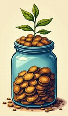 Wallet with golden coins and credit card surrounded by decorative leaves and clouds, financial concept in playful style