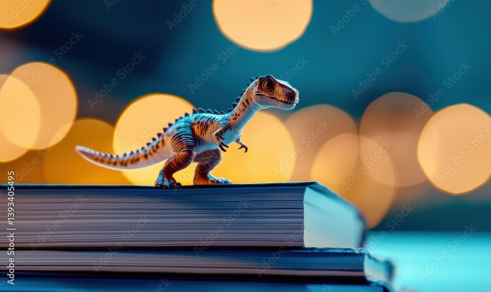 Poster a toy dinosaur stands guard on a stack of books, illuminated by the soft glow of bokeh lights.