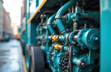 Fototapeta premium Industrial machinery with hydraulic hoses, crane engine control system. Engineering tech. Heavy equipment parts. Machine building, construction, manufacturing, power supply, modern industry concepts.