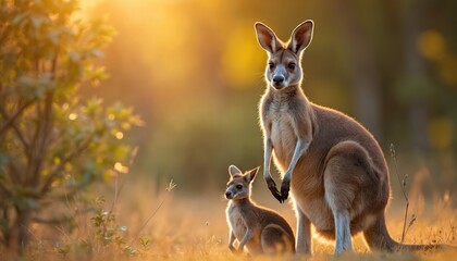 Mother kangaroo with joey in grass at sunset. Marsupials in wild nature. Australian wildlife photo with backlit warm light. Beautiful mammal family portrait.