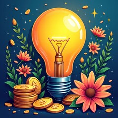 Glowing light bulb surrounded by scattered coins on rustic metal surface, concept of innovation and financial value