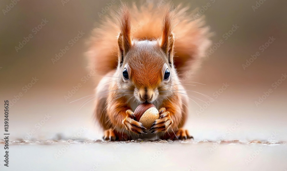 Poster a charming red squirrel holds a hazelnut, its fluffy tail creating a soft backdrop for the scene.