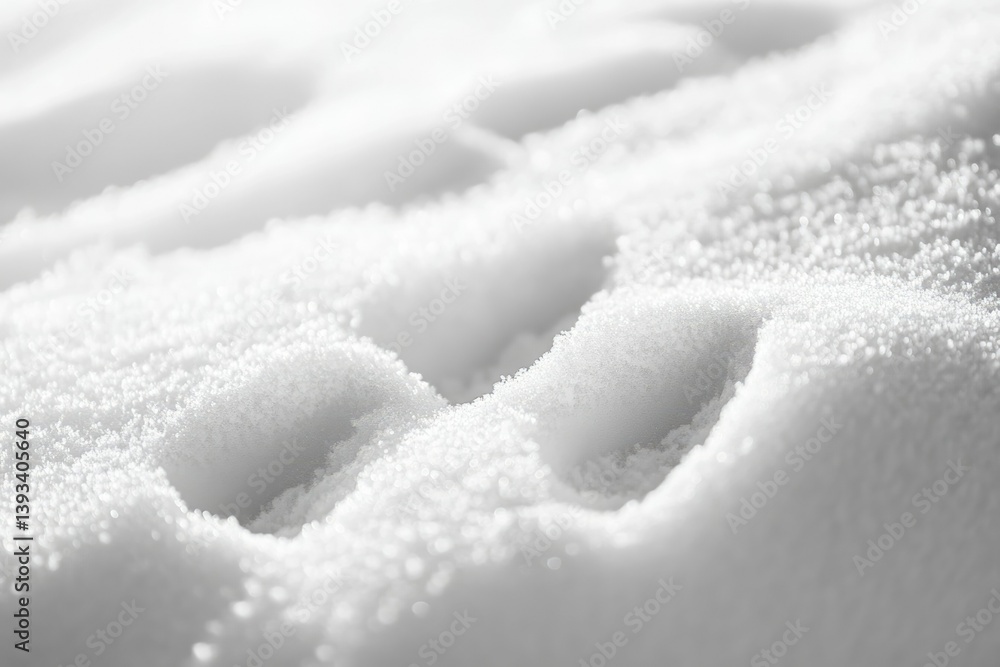 Poster close-up view of a snowy surface with textured patterns, sunlight reflecting off the snow crystals.