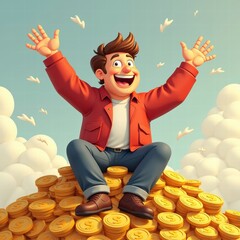 Person raising arms joyfully while seated on golden coin pile, clouds and flying birds in background, concept of financial success and freedom