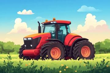Farm Tractor on Lush Grassy Field, Sunny Day, Trees in Background