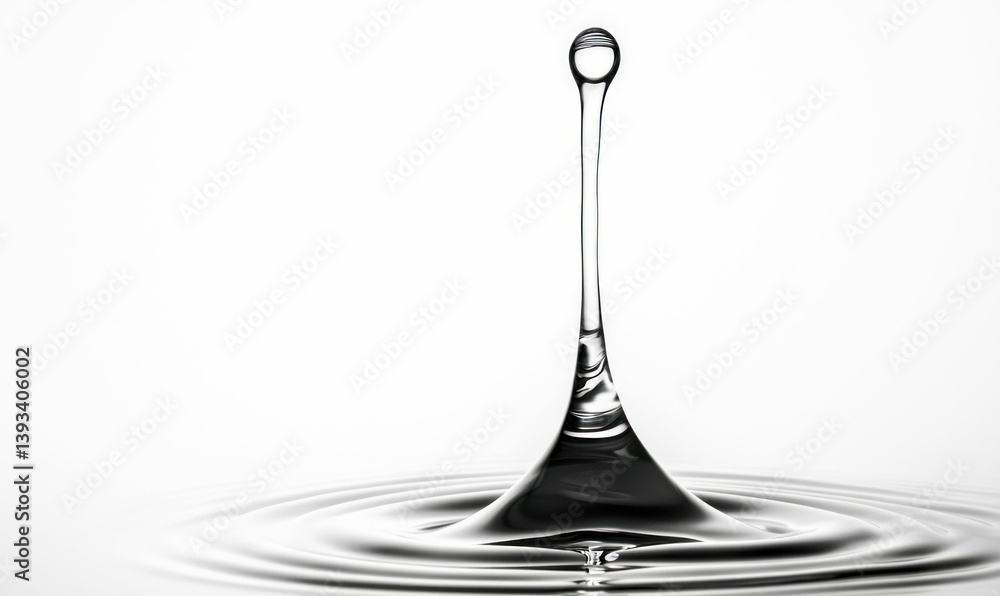 Poster close-up of a falling water droplet creating a splash and ripples in a serene setting.
