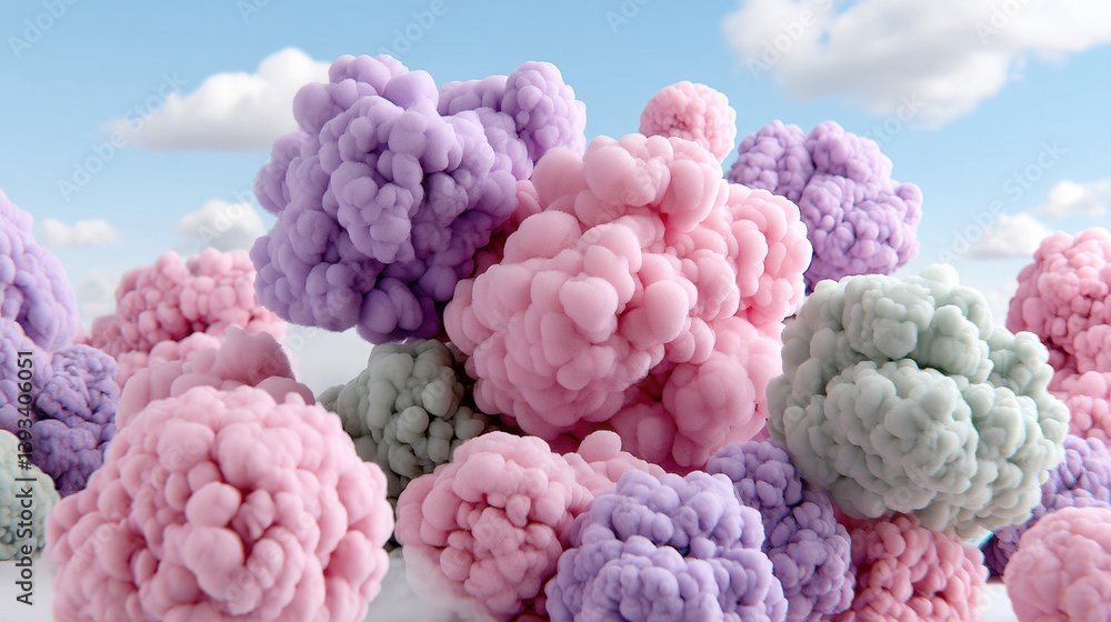 Poster pastel fluffy cloud forms abstract 3d rendering