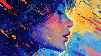 Artistic Contemplation: An artistic illustration shows a woman's profile, her eyes gently closed, as colorful strokes of paint flow around her.