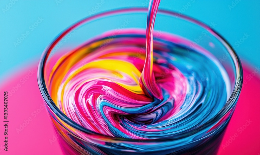 Poster vibrant paints in dynamic swirls create a captivating abstract in a glass, set against a colorful ba