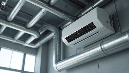 Modern building interior with air conditioning unit, exposed ductwork, and ventilation system. Metal pipes, cooling, and heat flow. Industrial and commercial design, architecture, room space.