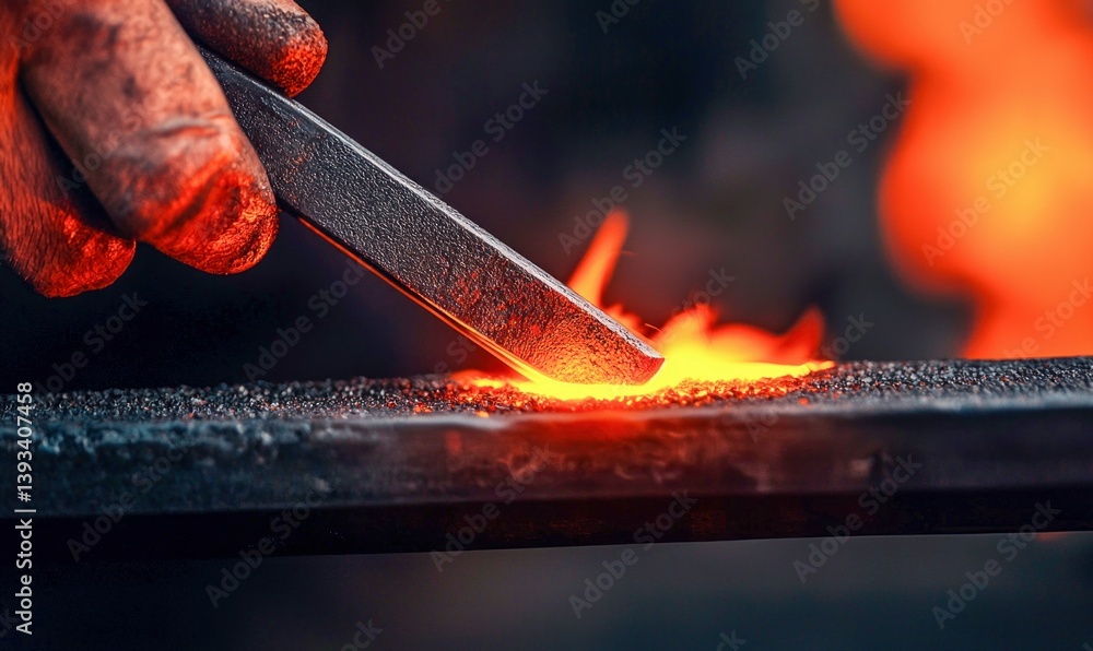 Poster a blacksmith skillfully uses a chisel to shape a fiery piece of metal at the forge.