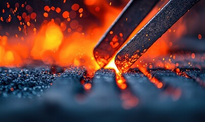 Close-up of blacksmith tongs shaping hot metal on the anvil with sparks and intense fire.
