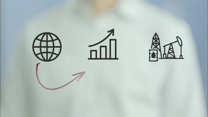 Businessman drawing a connection between a globe, a growing graph, and an oil pump jack, symbolizing the increasing global demand for oil and its impact on the energy market - Powered by Adobe