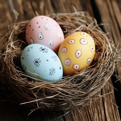 Obraz premium Colorful decorated eggs in a nest on wood