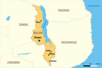 Vector Map of Malawi with Major Cities and Neighboring Countries &ndash; Editable Illustration