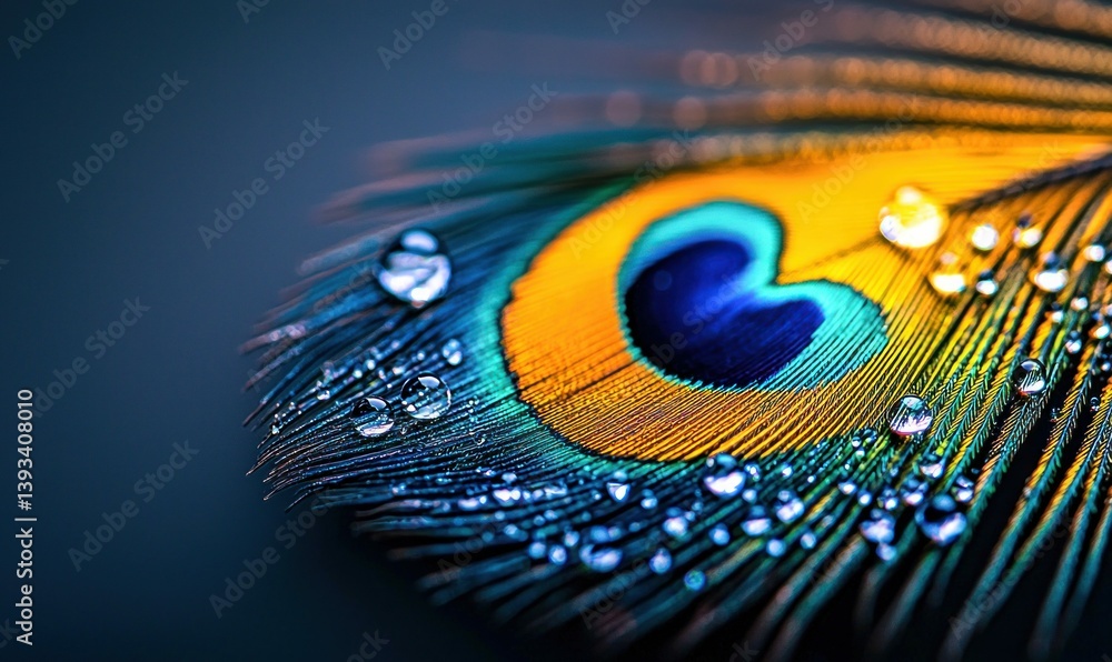 Poster a dazzling peacock feather displays a mesmerizing array of colors adorned with glistening water drop