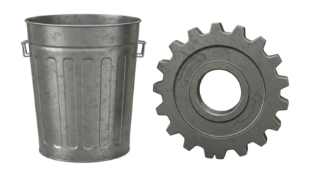 Isolated Rusty Trash Can and Gear with Rotating Arrows