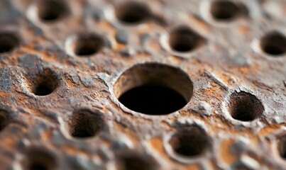 Extreme close-up of a heavily rusted metal surface with a repetitive pattern of round holes.