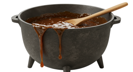Isolated Cauldron with Stew and Wooden Spoon Drizzling Gravy