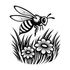 Obraz premium Detailed Outline of Honeybee Flying Above White Flowers and Grass Patch 88