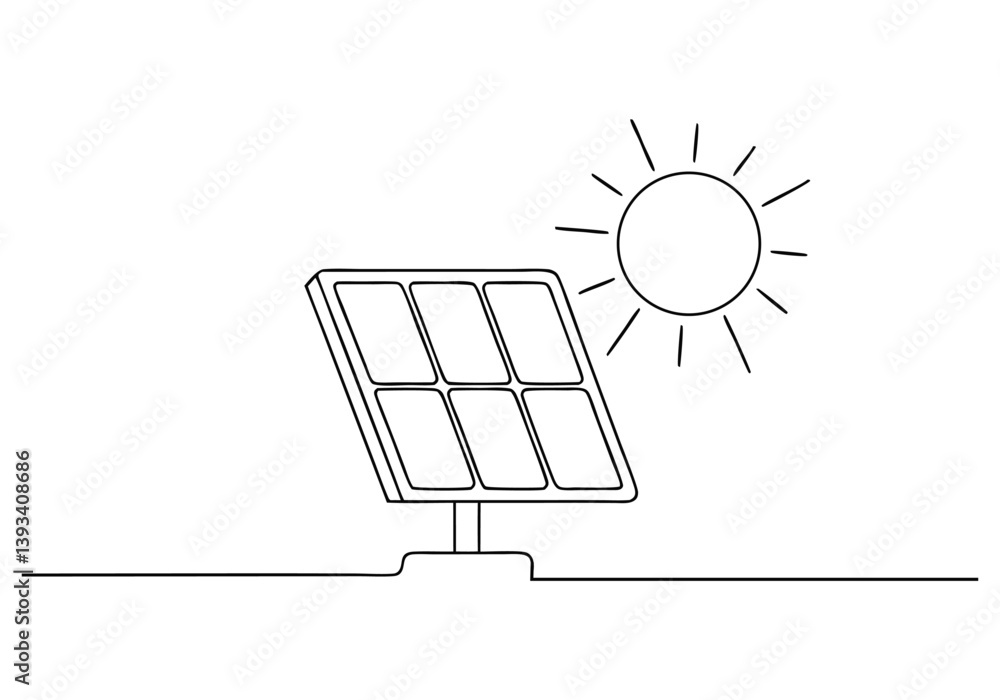 Poster one continuous line drawing of a solar panel in a minimalist and modern vector illustration style
