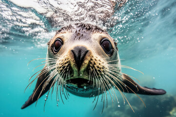 Fototapeta premium curious funny seal peering through clear ocean water with bubbles around. underwater wildlife photography. marine life exploration. educational poster, travel blog.